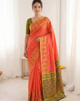 Peach Premium Soft Silk Zari Woven with Ikkat Patola Fusion Saree