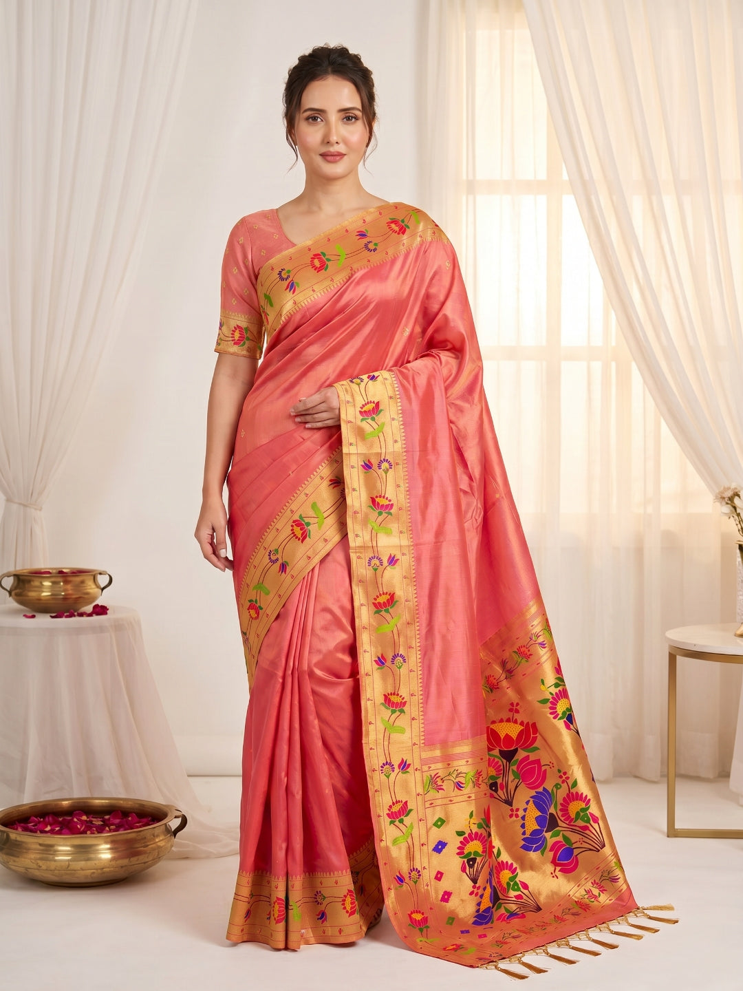 Peach Premium Soft Brocade Tissue Paithani Silk Saree