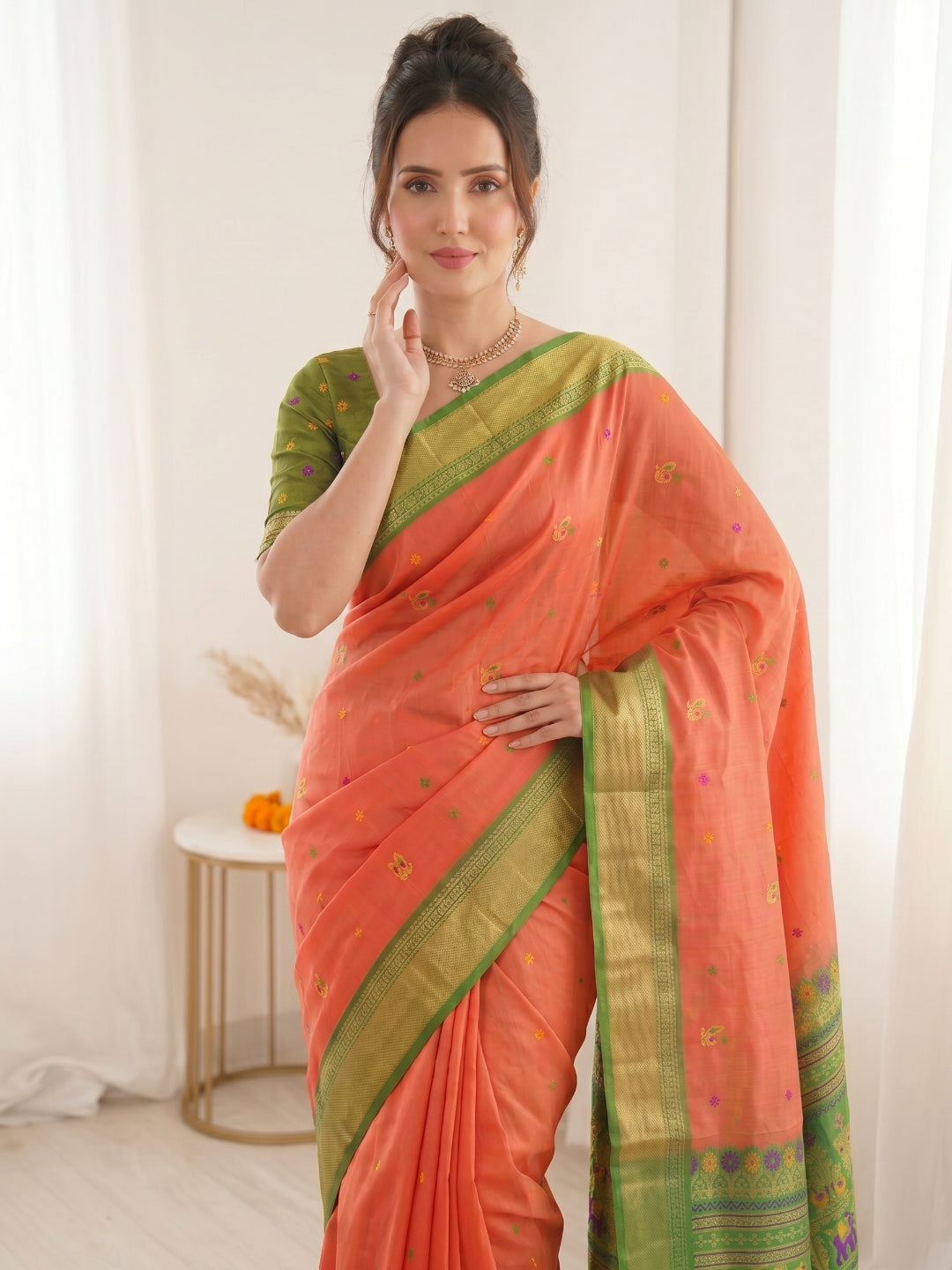 Peach Traditional Soft Silk Saree with Floral &amp; Peacock Pattern Saree