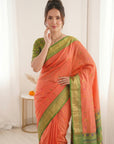 Peach Traditional Soft Silk Saree with Floral & Peacock Pattern Saree