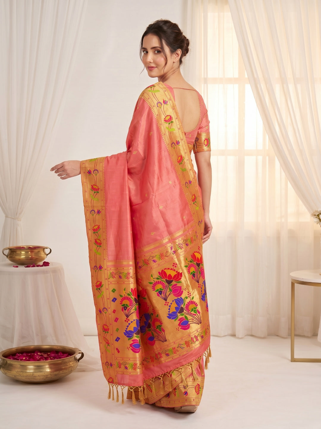 Peach Premium Soft Brocade Tissue Paithani Silk Saree