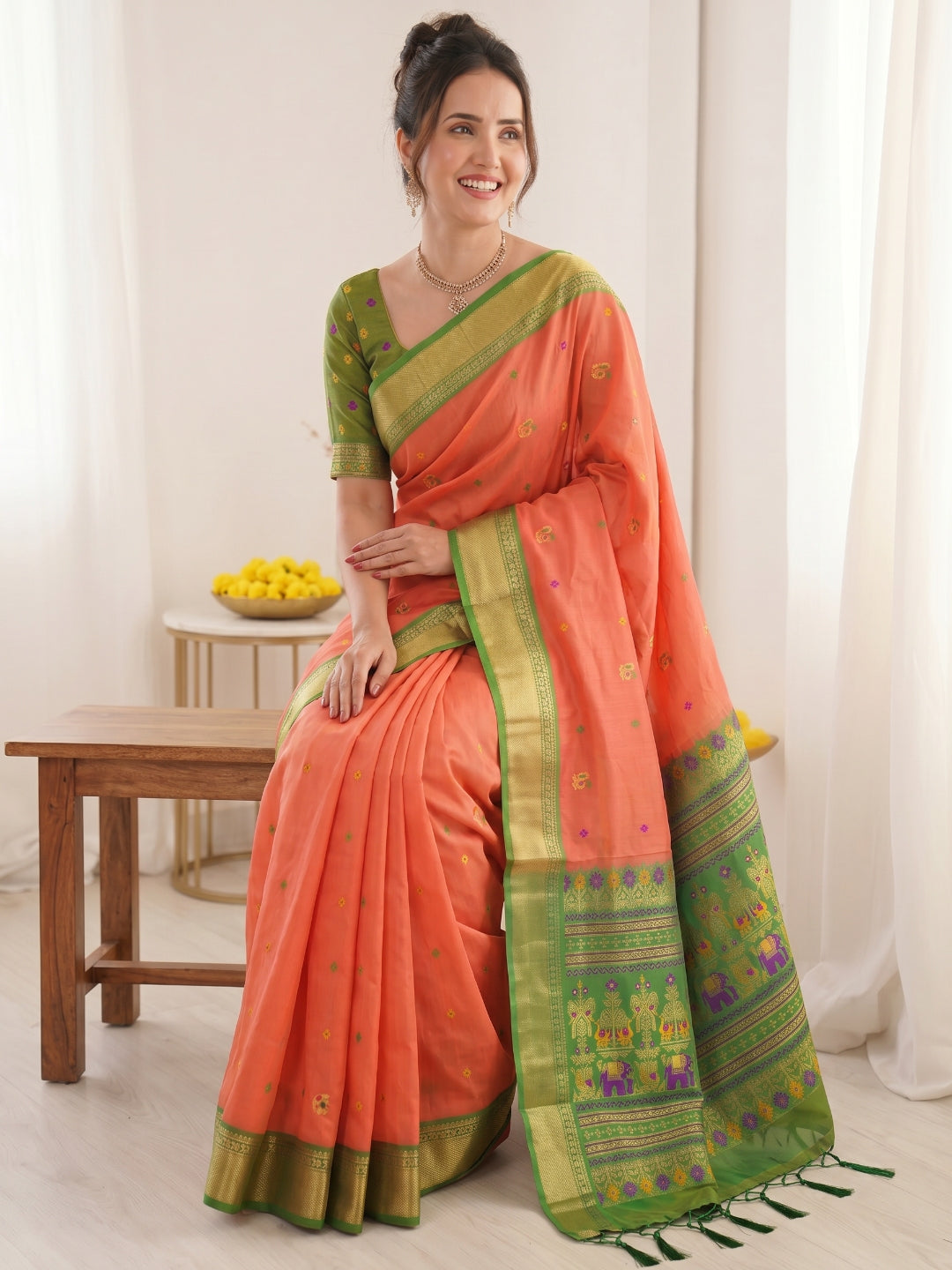 Peach Traditional Soft Silk Saree with Floral &amp; Peacock Pattern Saree