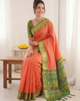 Peach Traditional Soft Silk Saree with Floral & Peacock Pattern Saree