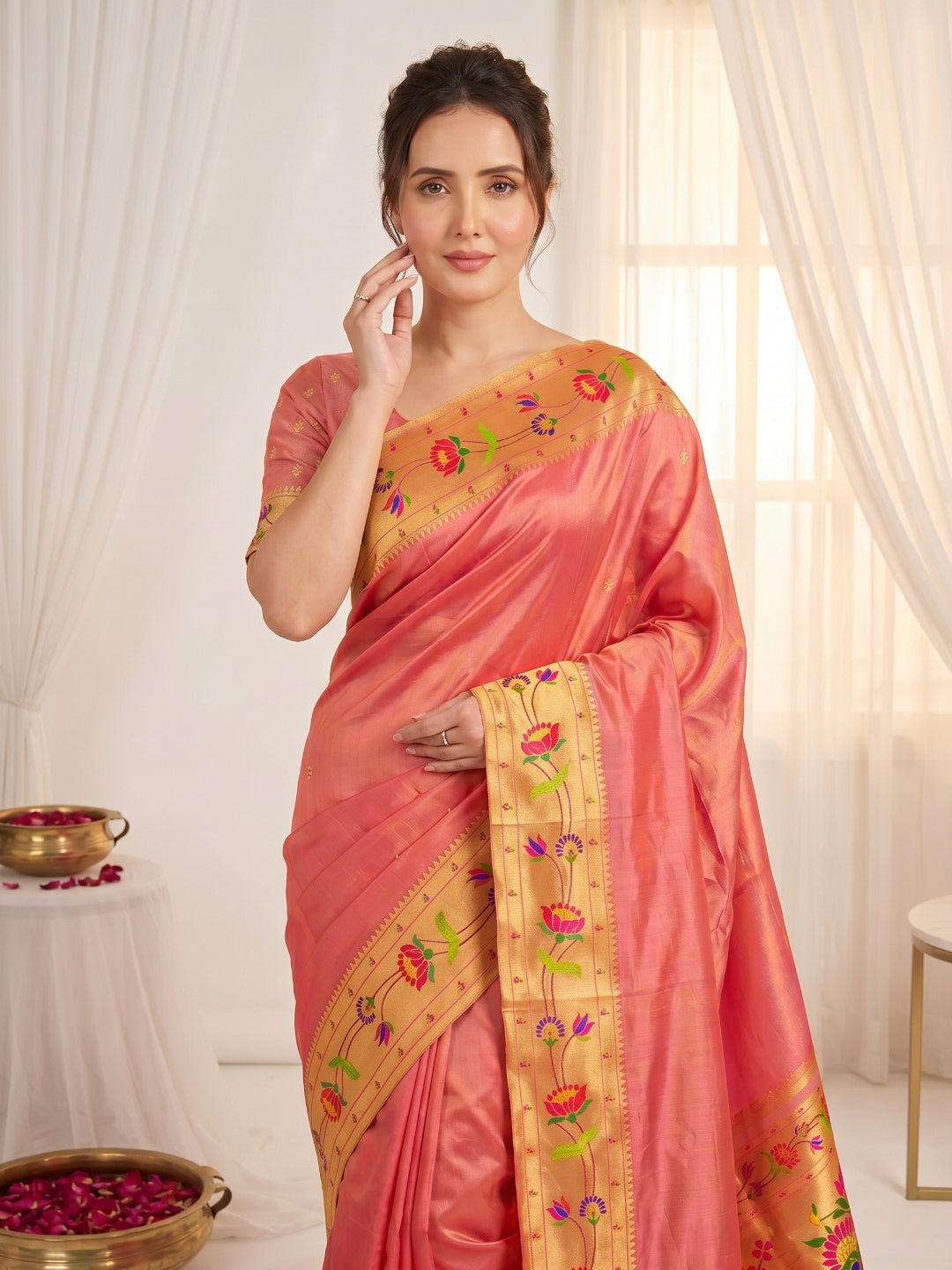 Peach Premium Soft Brocade Tissue Paithani Silk Saree