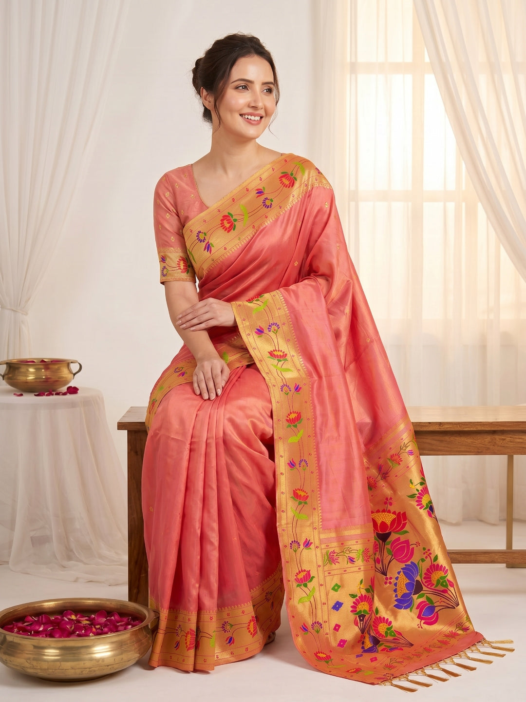 Peach Premium Soft Brocade Tissue Paithani Silk Saree