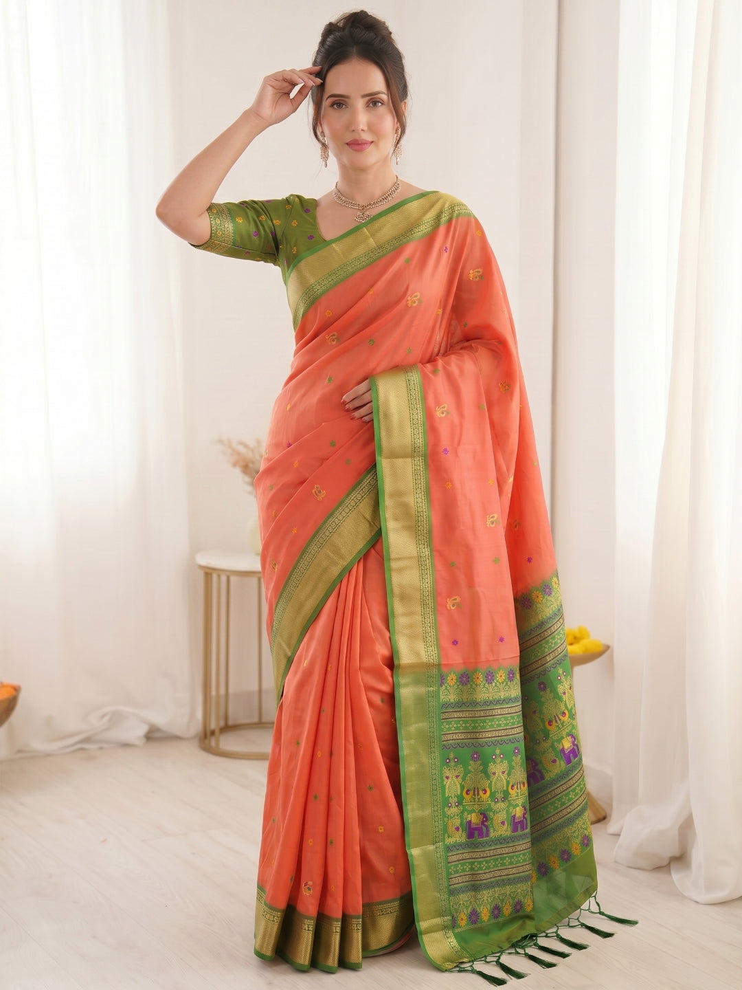Peach Traditional Soft Silk Saree with Floral &amp; Peacock Pattern Saree