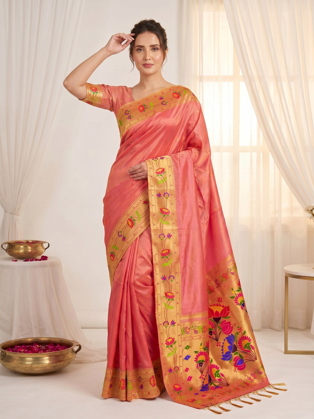 Peach Premium Soft Brocade Tissue Paithani Silk Saree