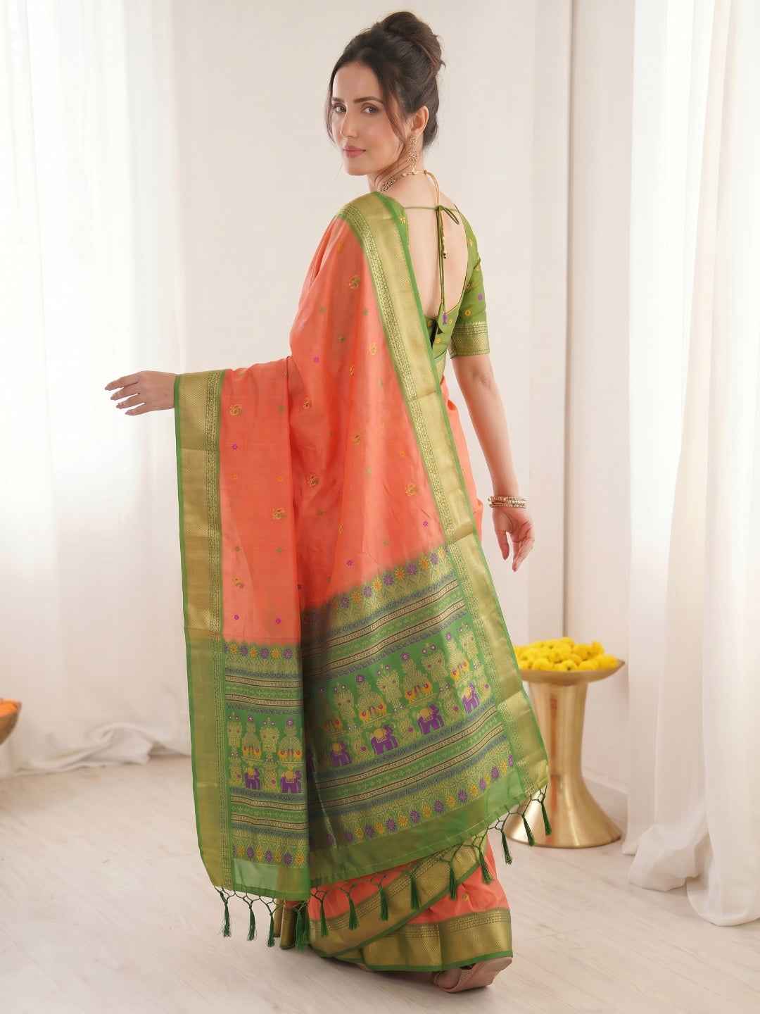 Peach Traditional Soft Silk Saree with Floral &amp; Peacock Pattern Saree