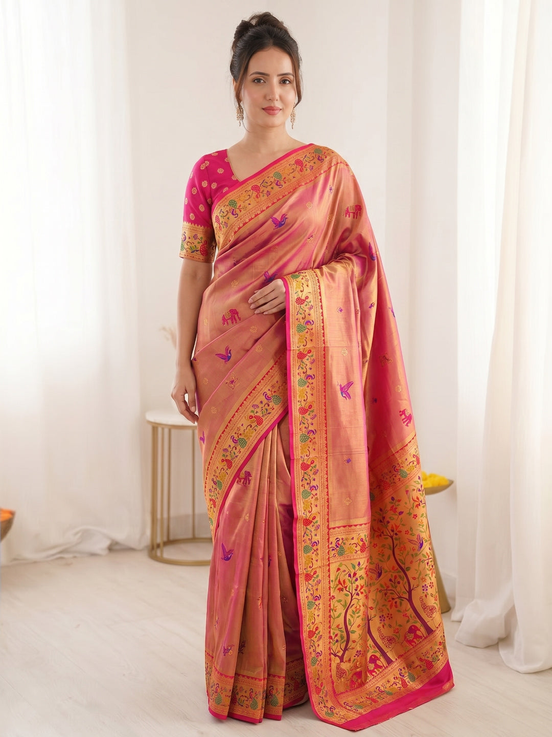 Pink Premium Soft Bamboo Tissue Paithani Silk Saree