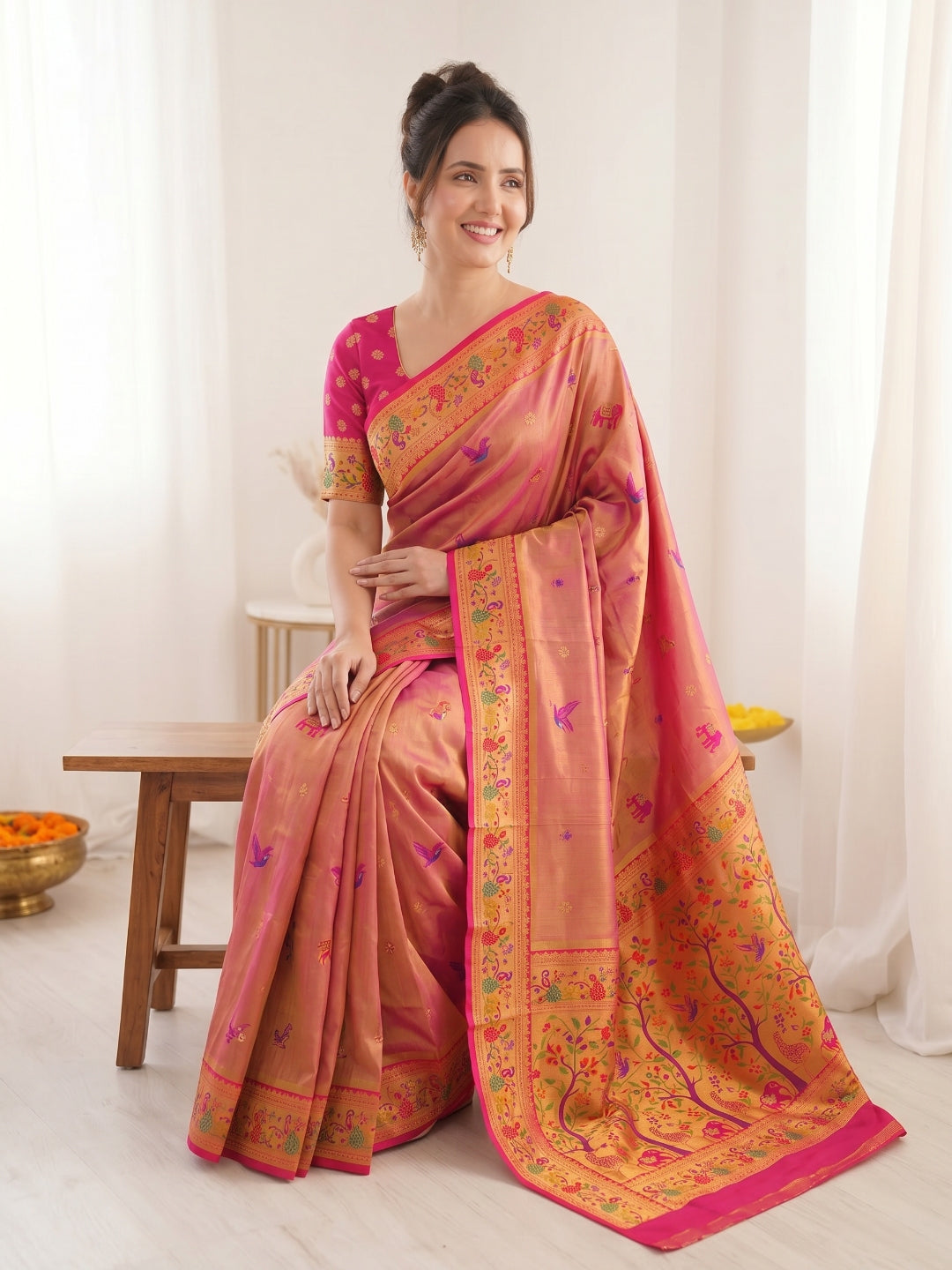 Pink Premium Soft Bamboo Tissue Paithani Silk Saree
