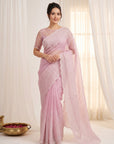 Pink Crush Organza Silk Saree with Embroidery Stripe Pattern