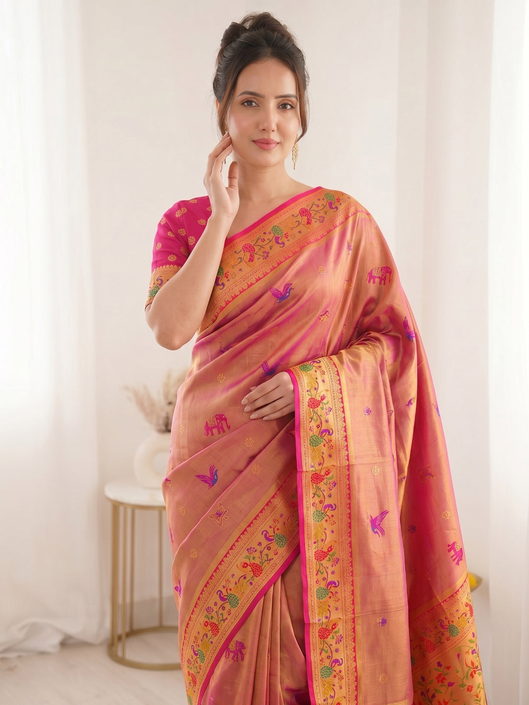 Pink Premium Soft Bamboo Tissue Paithani Silk Saree