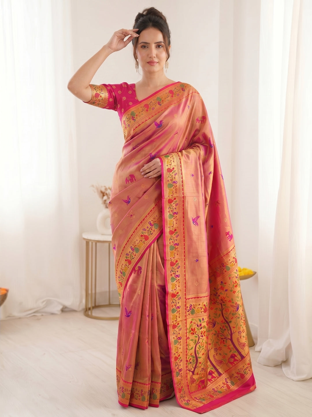 Pink Premium Soft Bamboo Tissue Paithani Silk Saree