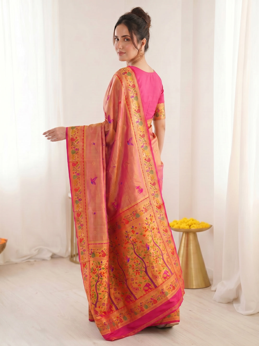 Pink Premium Soft Bamboo Tissue Paithani Silk Saree