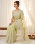 Pista Green Crush Organza Silk Saree with Embroidery Stripe Pattern
