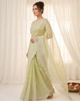 Pista Green Crush Organza Silk Saree with Embroidery Stripe Pattern