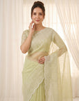 Pista Green Crush Organza Silk Saree with Embroidery Stripe Pattern