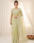Pista Green Crush Organza Silk Saree with Embroidery Stripe Pattern