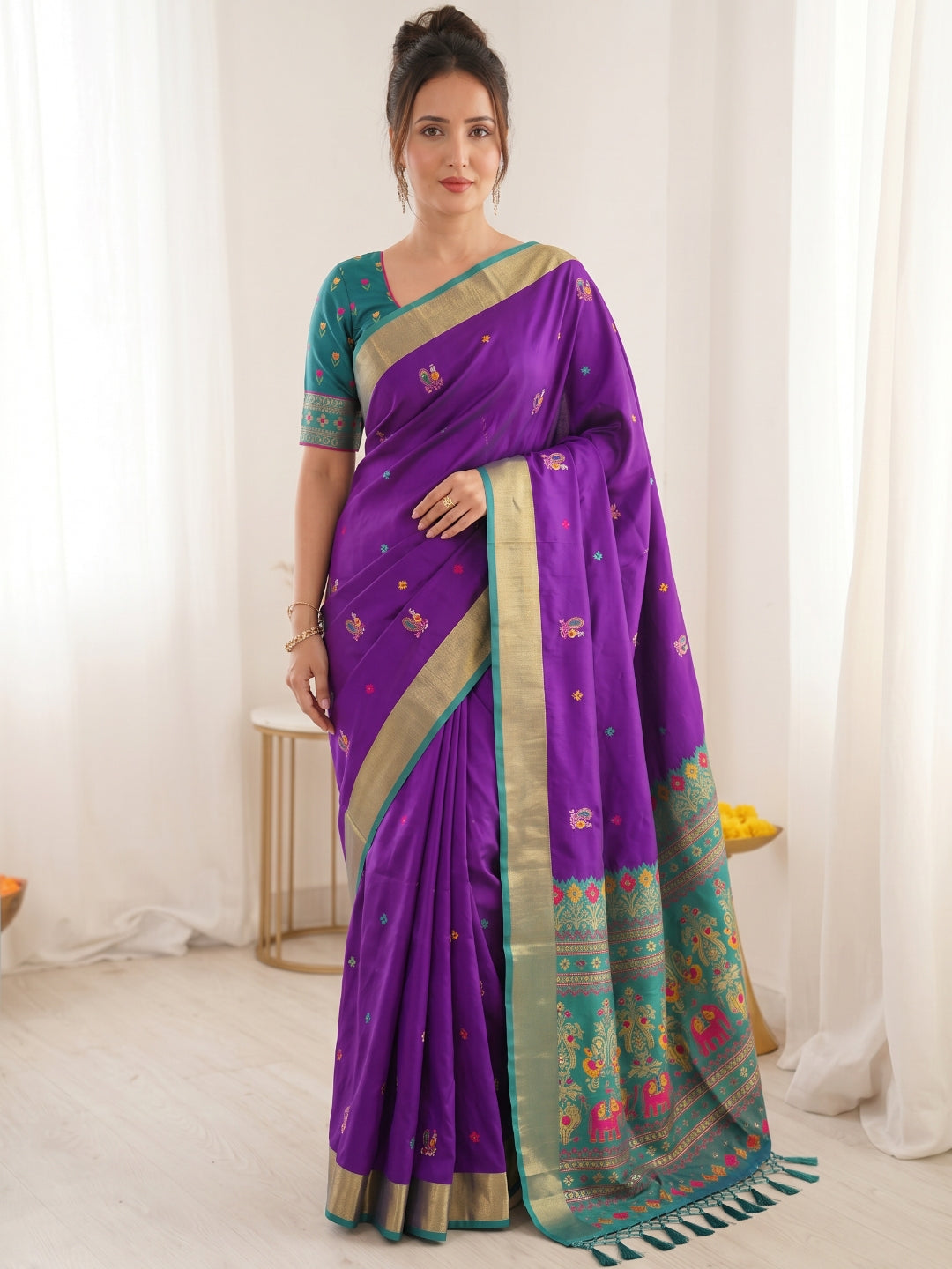 Purple Traditional Soft Silk Saree with Floral &amp; Peacock Pattern Saree