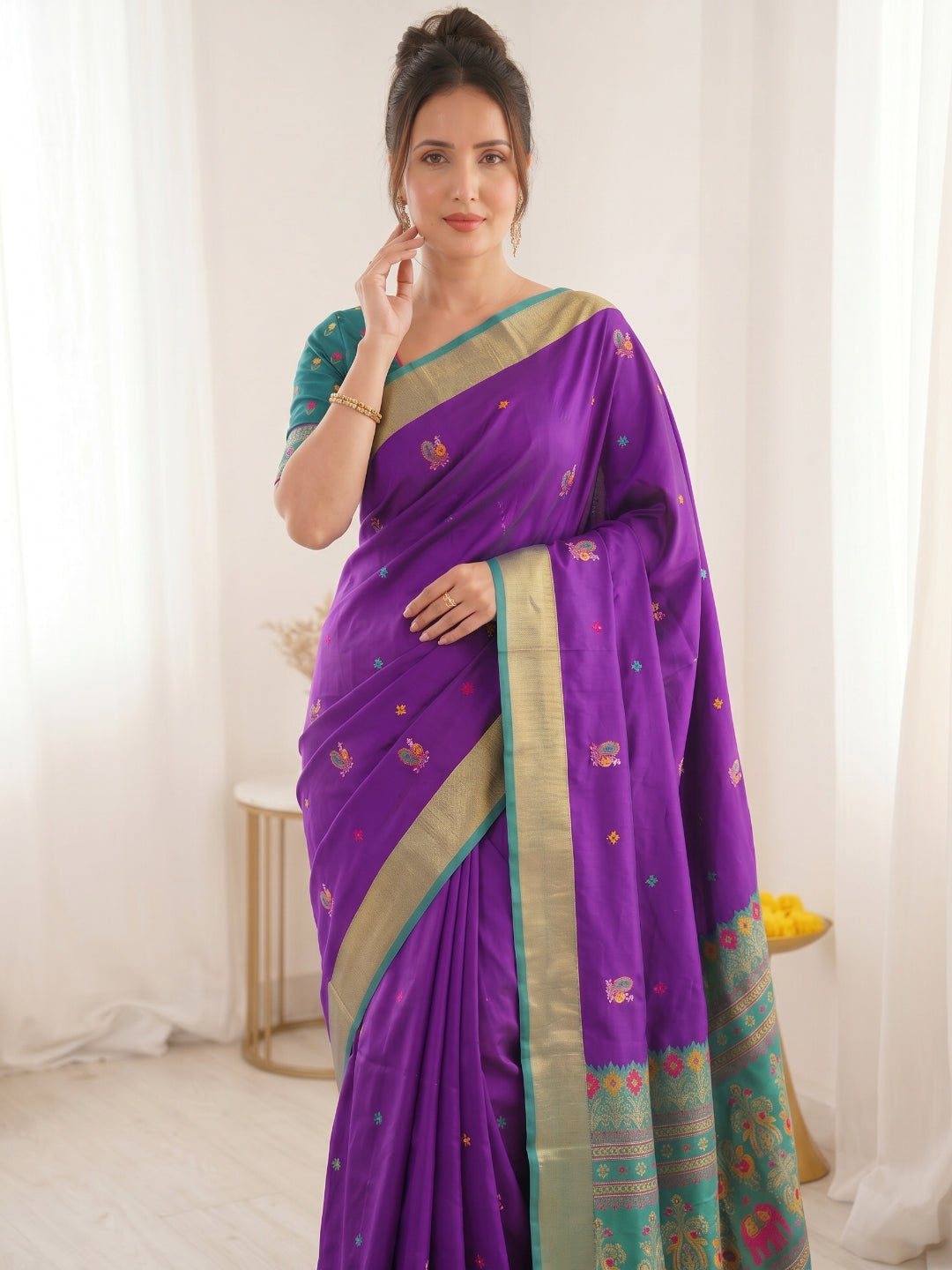 Purple Traditional Soft Silk Saree with Floral &amp; Peacock Pattern Saree