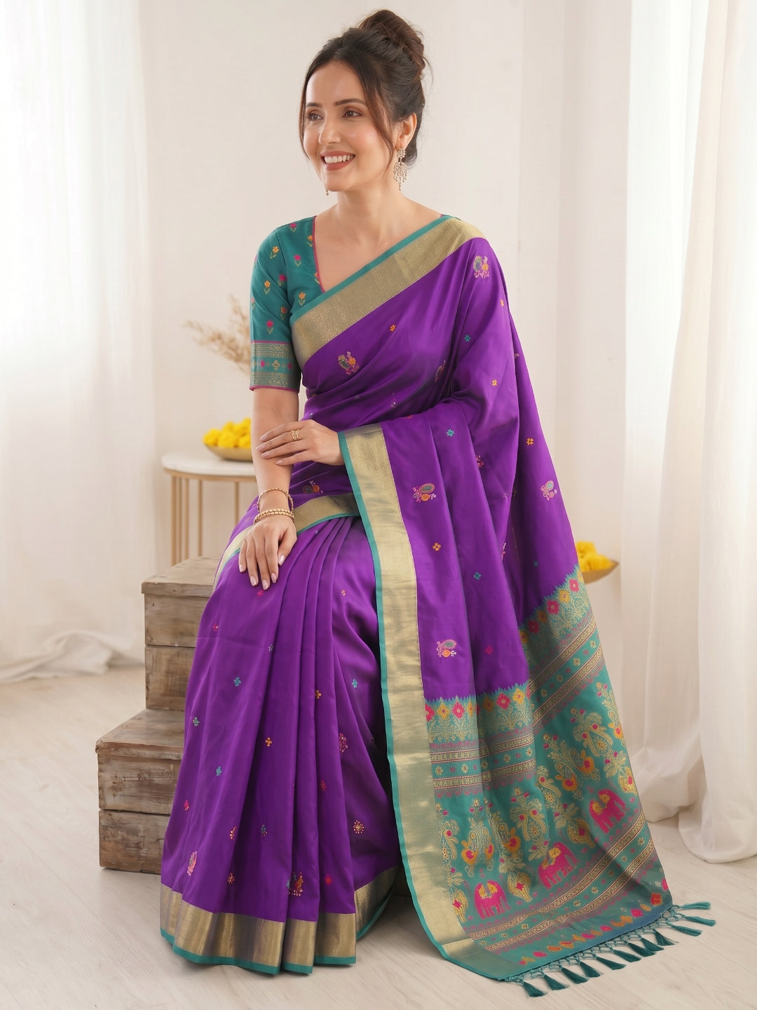 Purple Traditional Soft Silk Saree with Floral &amp; Peacock Pattern Saree