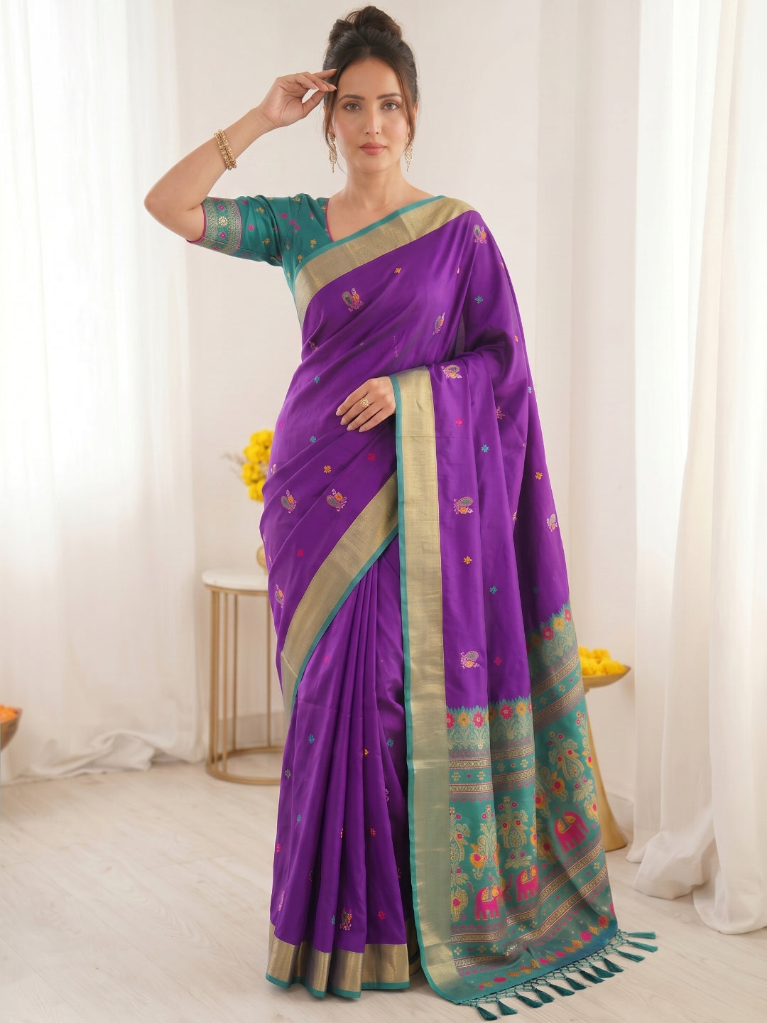 Purple Traditional Soft Silk Saree with Floral &amp; Peacock Pattern Saree