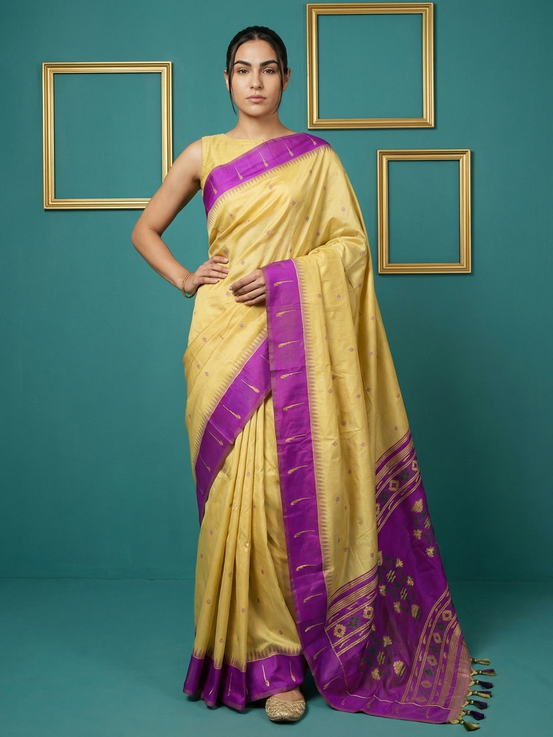 Cream &amp; Purple Handloom Traditional Yeola Paithani Silk Saree