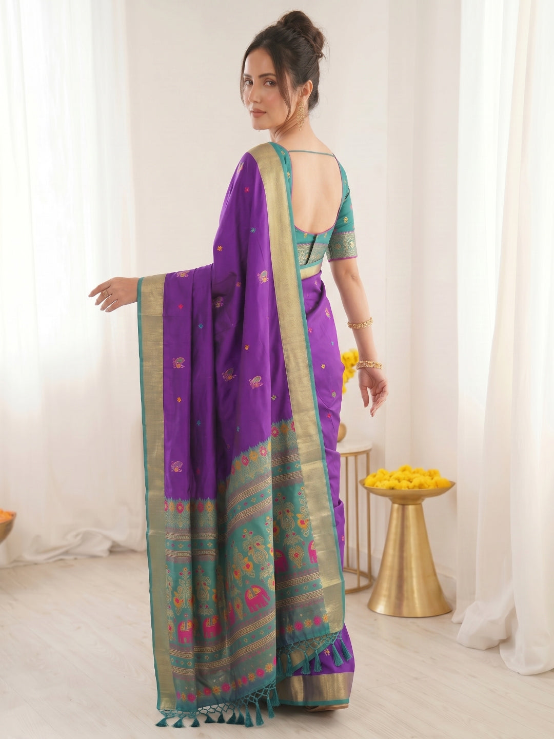 Purple Traditional Soft Silk Saree with Floral &amp; Peacock Pattern Saree