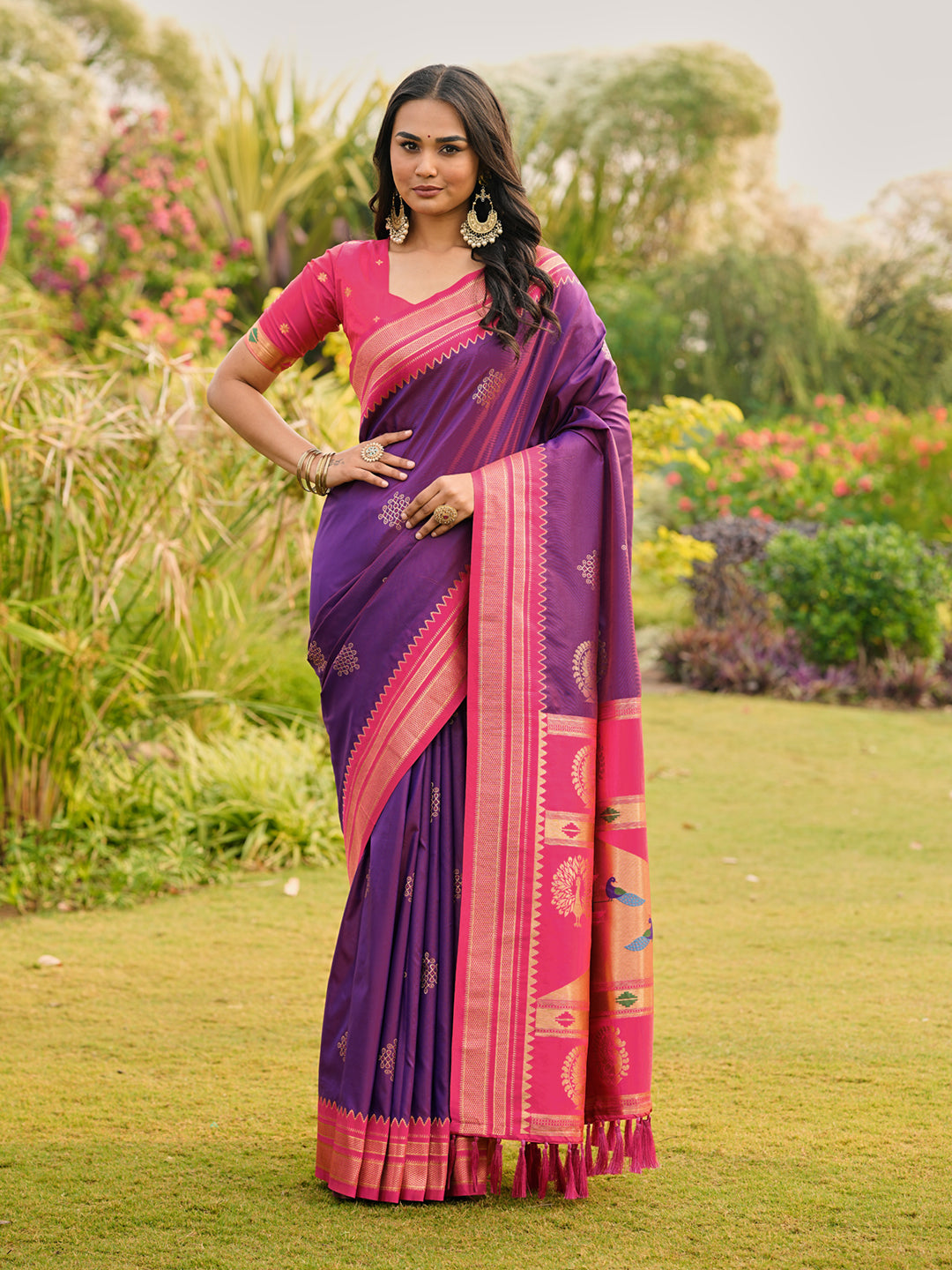 Purple (Red Tone) Soft Ikkal Silk Zari Woven Kolam Pattern Saree with Paithani Pallu
