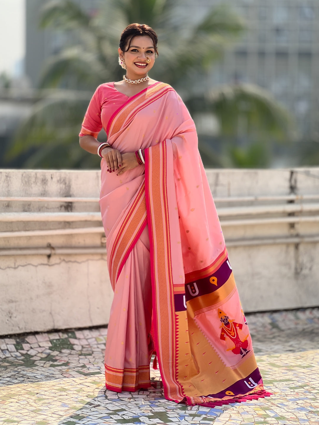 Light Pink Vitthal Rukmini Contrast Paithani Silk Zari Woven Saree
