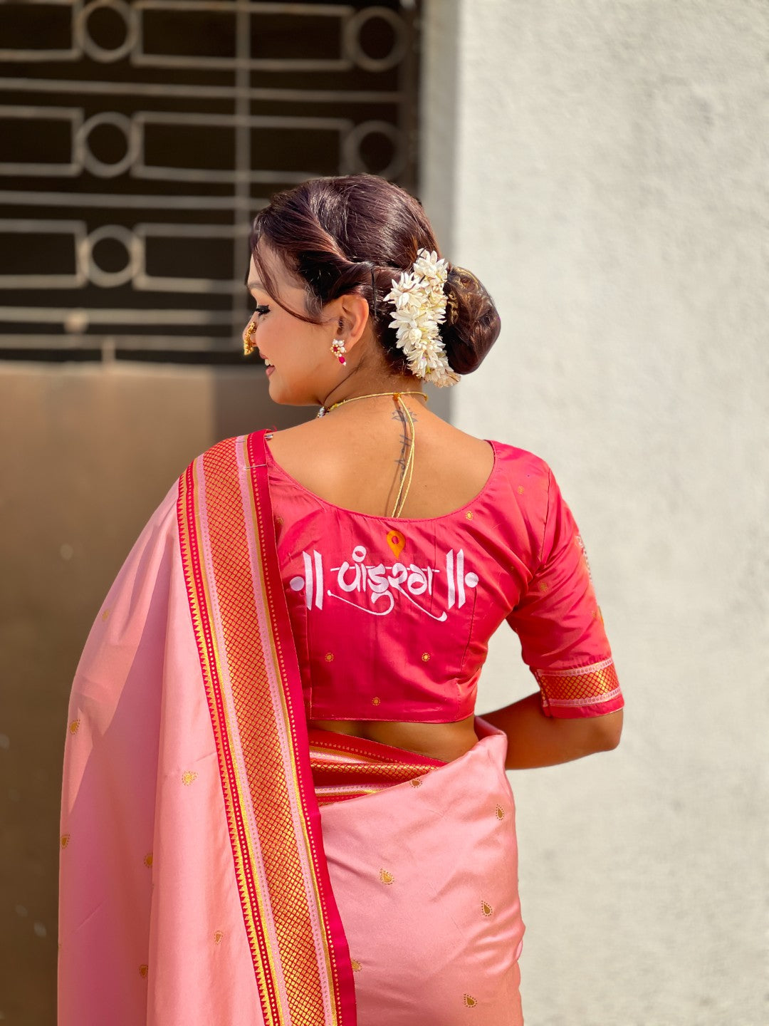 Light Pink Vitthal Rukmini Contrast Paithani Silk Zari Woven Saree