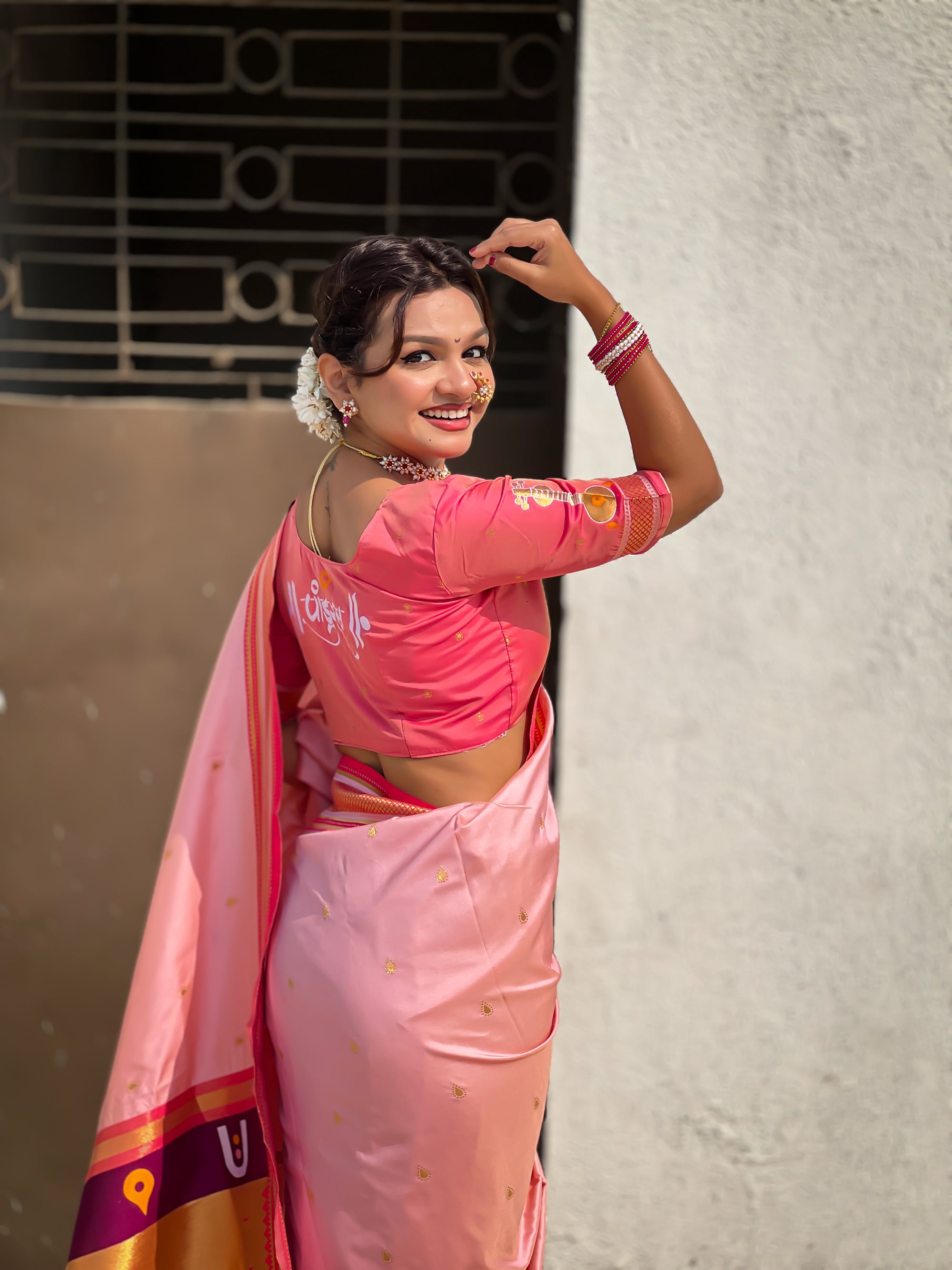 Light Pink Vitthal Rukmini Contrast Paithani Silk Zari Woven Saree