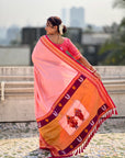 Light Pink Vitthal Rukmini Contrast Paithani Silk Zari Woven Saree