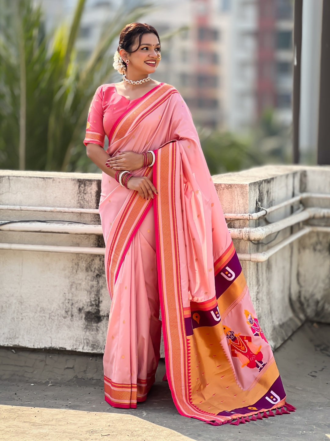 Light Pink Vitthal Rukmini Contrast Paithani Silk Zari Woven Saree