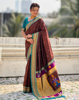 Coffee Vitthal Rukmini Contrast Paithani Silk Zari Woven Saree
