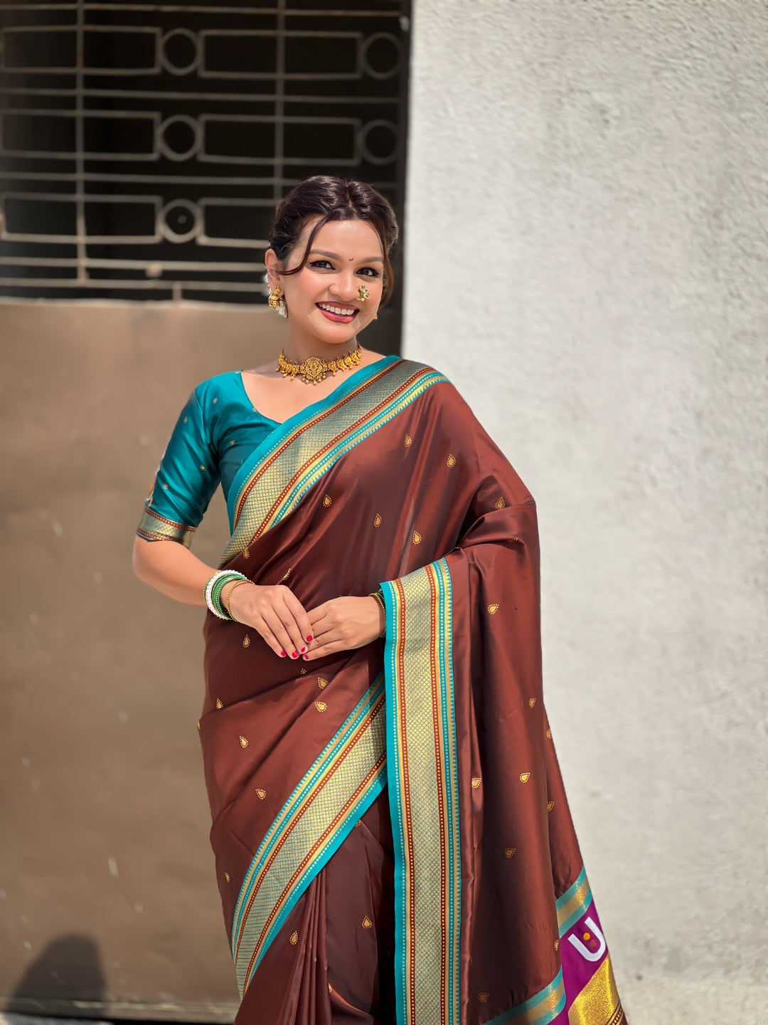 Coffee Vitthal Rukmini Contrast Paithani Silk Zari Woven Saree
