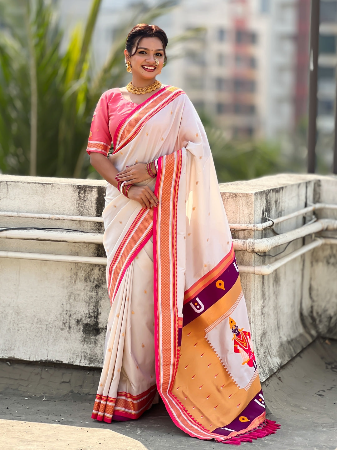 Cream Vitthal Rukmini Contrast Paithani Silk Zari Woven Saree