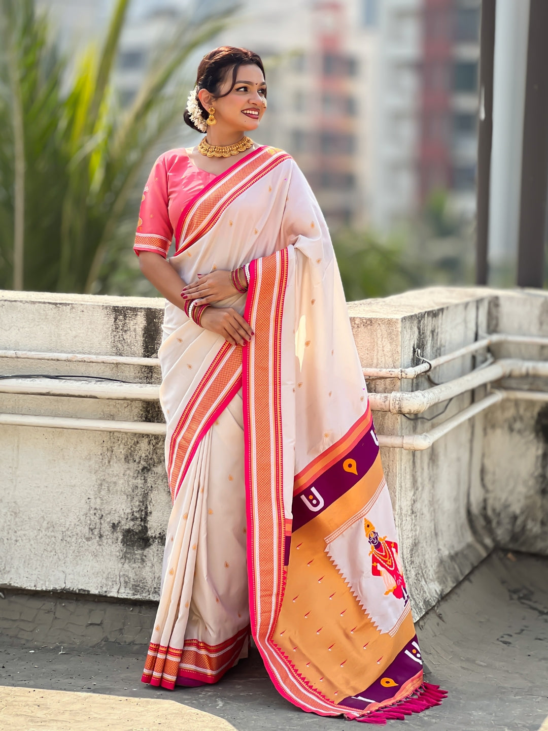 Cream Vitthal Rukmini Contrast Paithani Silk Zari Woven Saree