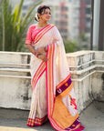 Cream Vitthal Rukmini Contrast Paithani Silk Zari Woven Saree
