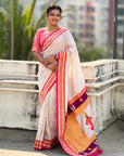 Cream Vitthal Rukmini Contrast Paithani Silk Zari Woven Saree