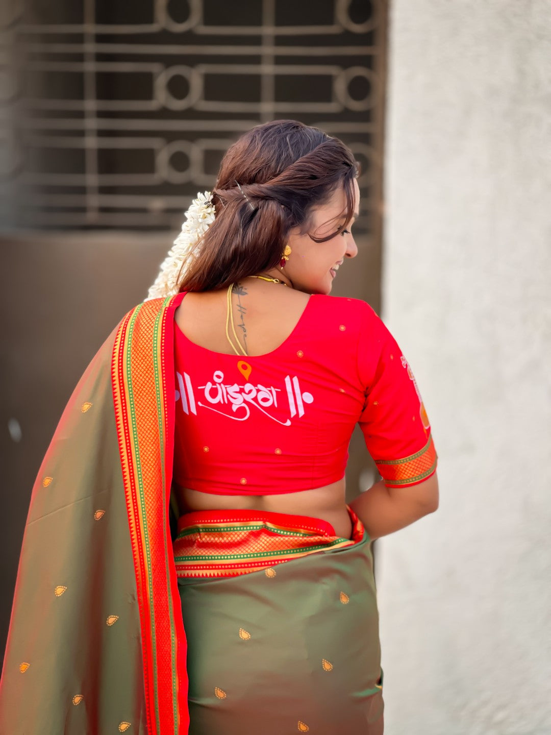 Mehendi Green(Red Tone) Vitthal Rukmini Contrast Paithani Silk Zari Woven Saree