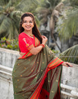 Mehendi Green(Red Tone) Vitthal Rukmini Contrast Paithani Silk Zari Woven Saree