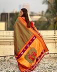 Mehendi Green(Red Tone) Vitthal Rukmini Contrast Paithani Silk Zari Woven Saree