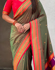 Mehendi Green(Red Tone) Vitthal Rukmini Contrast Paithani Silk Zari Woven Saree