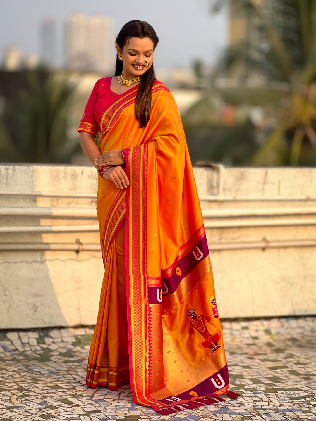 Orange Vitthal Rukmini Contrast Paithani Silk Zari Woven Saree