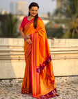 Orange Vitthal Rukmini Contrast Paithani Silk Zari Woven Saree