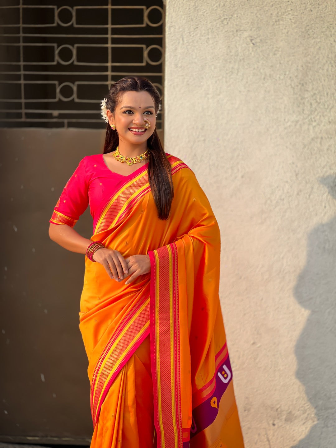 Orange Vitthal Rukmini Contrast Paithani Silk Zari Woven Saree