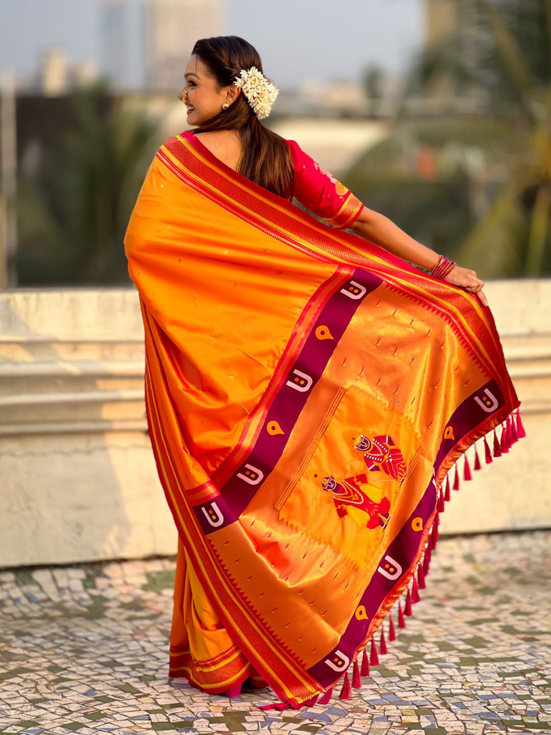 Orange Vitthal Rukmini Contrast Paithani Silk Zari Woven Saree