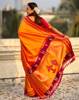 Orange Vitthal Rukmini Contrast Paithani Silk Zari Woven Saree