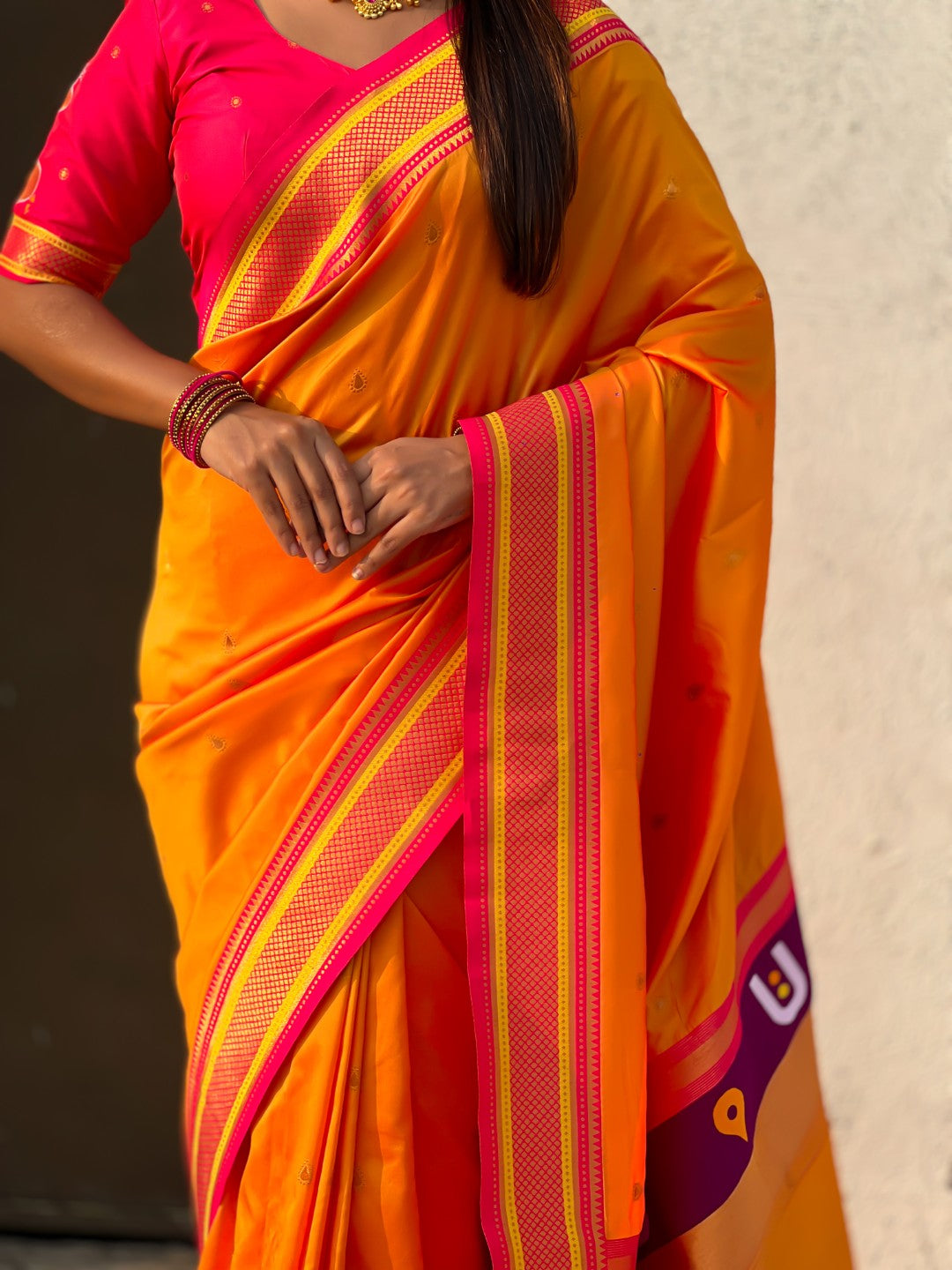 Orange Vitthal Rukmini Contrast Paithani Silk Zari Woven Saree
